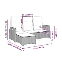Reclining Garden Sofa Grey Pe Rattan, Powder-Coated Steel 3-Seater