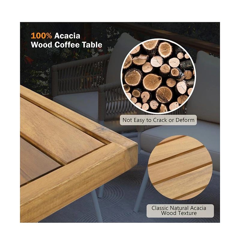 Chic Crate - 4-Piece Patio Furniture Set with Acacia Wood Table, Boho Rope Design & Cushions – Creamy Beige Outdoor Seating