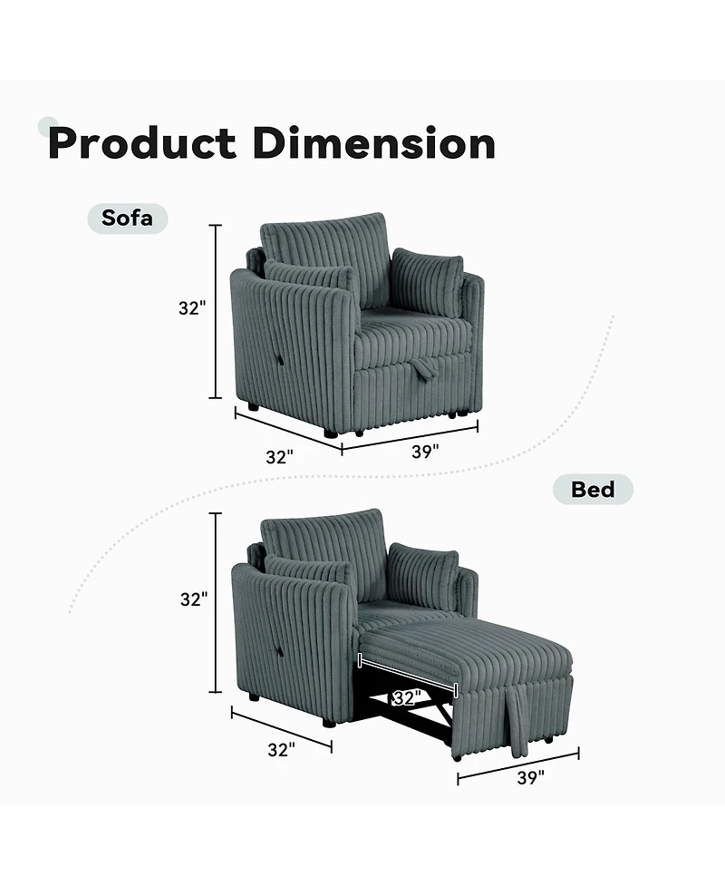 Boyel Living Convertible Sofa Bed Chair Pullout Single Sleeper with Usb and Pillows for Room
