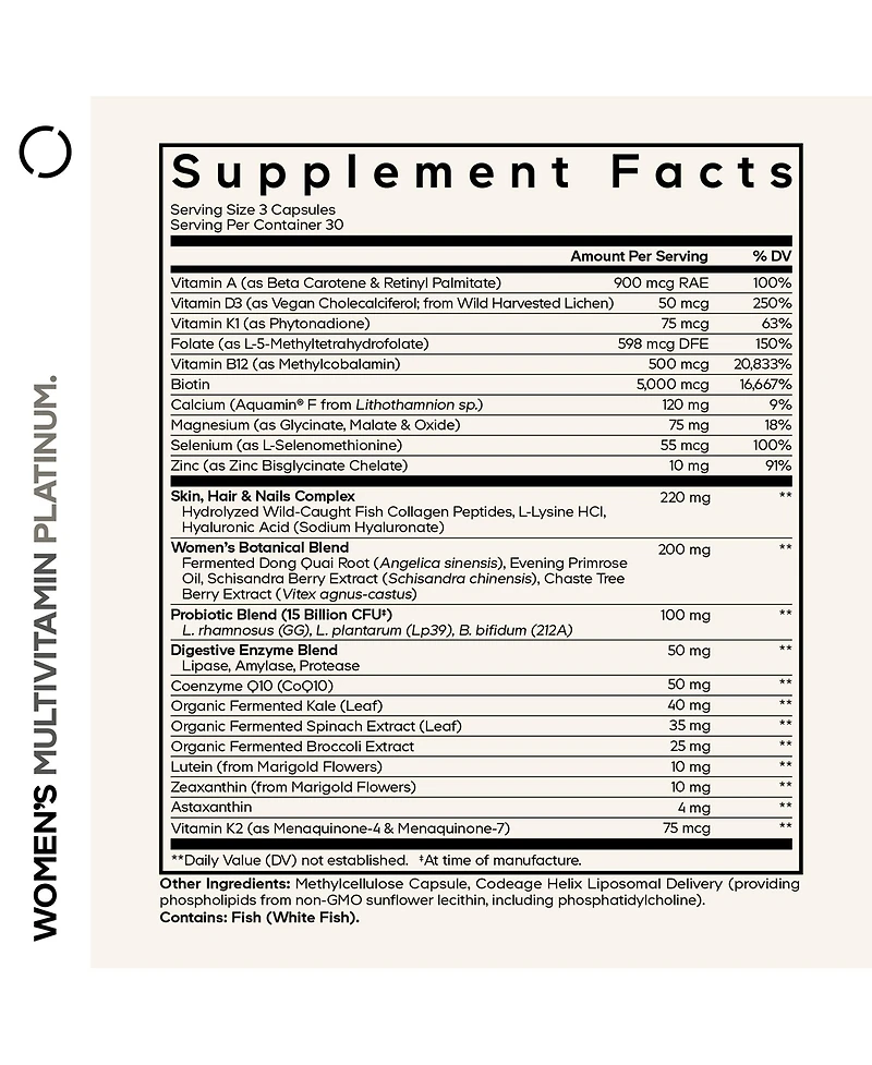 Codeage Women s Multivitamin Platinum - Vitamins A D3 K1 K2 B12 & Minerals, CoQ10, Skin, Hair & Nails Complex, Collagen
