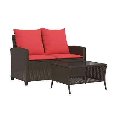 Patio Sofa 2-Seater with Cushions&Table Brown Poly Rattan