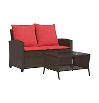 Patio Sofa 2-Seater with Cushions&Table Brown Poly Rattan