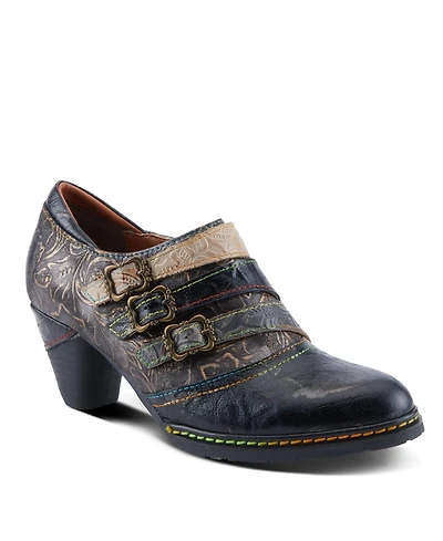 L Artiste Women s Graphic Handpainted Floral Leather Shooties with Antique Buckle and Stacked Heel