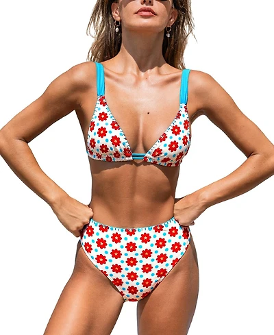 Cupshe Women's V Neck Stitching Back Self Tie Bikini Sets