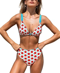Cupshe Women's V Neck Stitching Back Self Tie Bikini Sets