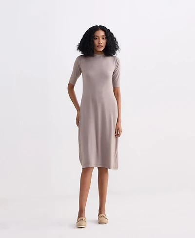 Reistor Women's High Crew Neck Elbow Sleeves Fitted Dress Dusty Brown