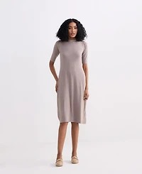 Reistor Women's High Crew Neck Elbow Sleeves Fitted Dress Dusty Brown