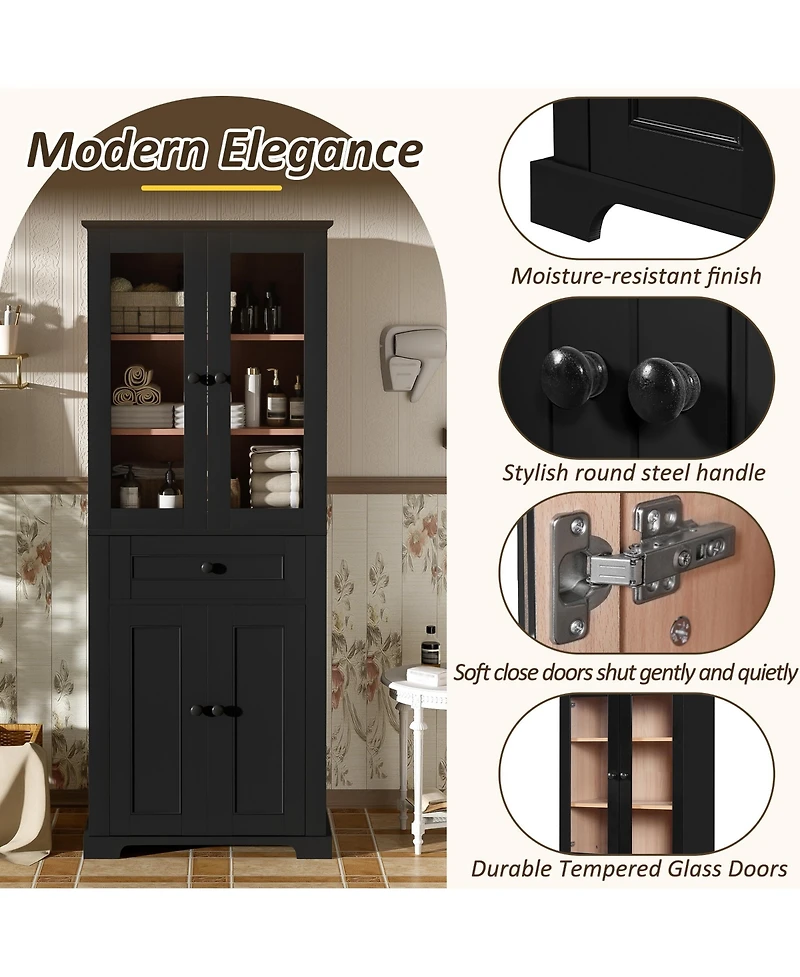 Lovmor 67inch Tall Bathroom Storage Cabinet with Tempered Glass Doors Adjustable Shelves Drawer Modern Freestanding Linen Tower Soft Close Design