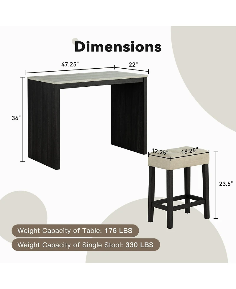 Boyel Living 3-Piece Bar Table and Chairs Set Tall Dining Table with Upholstered Bar Stool for Living Room Kitchen
