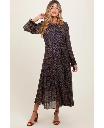 Pinkblush Maternity Navy Blue Floral Front Tie Pleated Midi Dress
