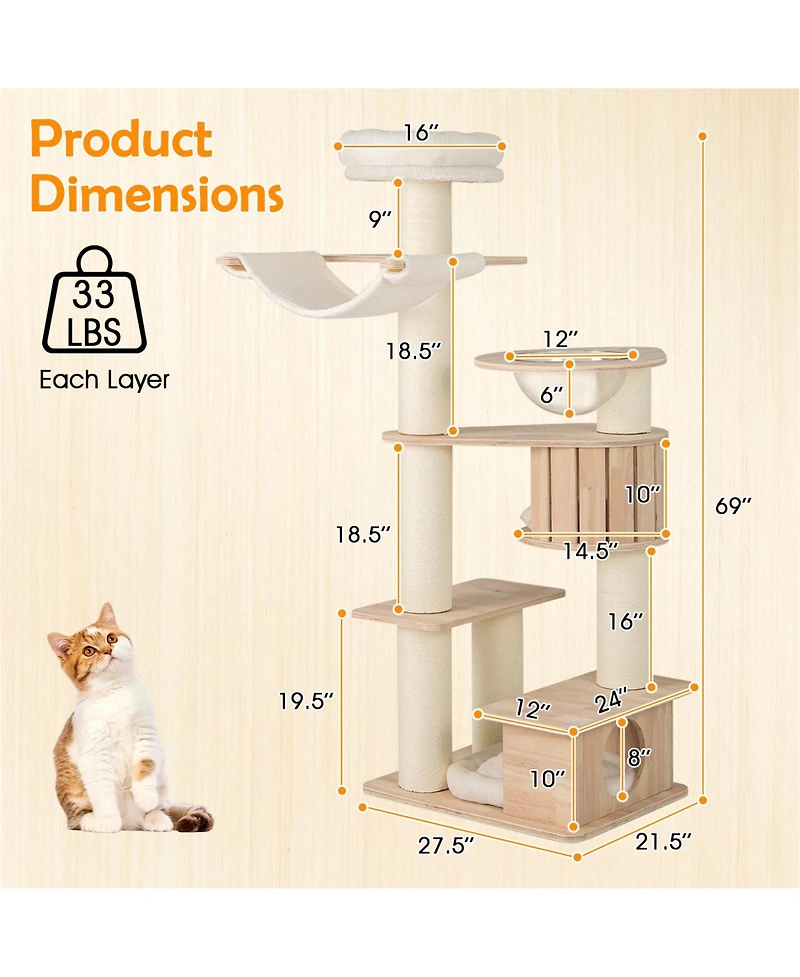 Gymax 69'' Tall Cat Tree Wooden Kitten Tower w/ 2 Condos Cozy Top Perch Space Capsule