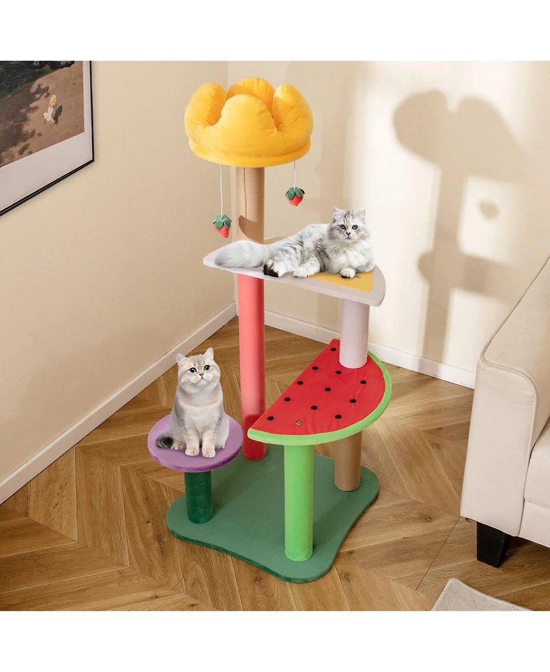 Gymax 45'' Tall Cat Tree w/ Plush Padded Top Perch Fruit-Shaped Platforms Dangling Balls