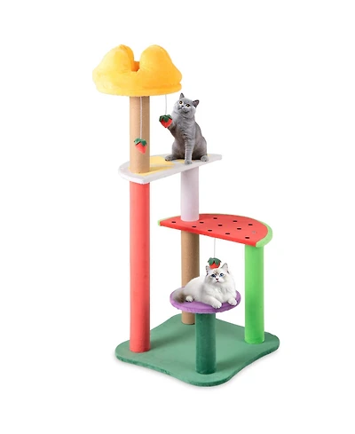 Gymax 45'' Tall Cat Tree w/ Plush Padded Top Perch Fruit-Shaped Platforms Dangling Balls