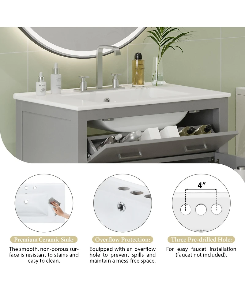 Lovmor 30inch Bathroom Vanity with Ceramic Sink Modern Gray Single Bathroom Cabinet with 2 Doors and a Shelf Soft Close Doors
