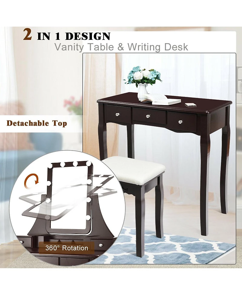 Volenca 10 Dimmable Light Bulbs Vanity Dressing Table with 2 Dividers and Cushioned Stool