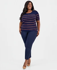 Tahari Asl Plus Striped Short-Sleeve Crewneck Sweater