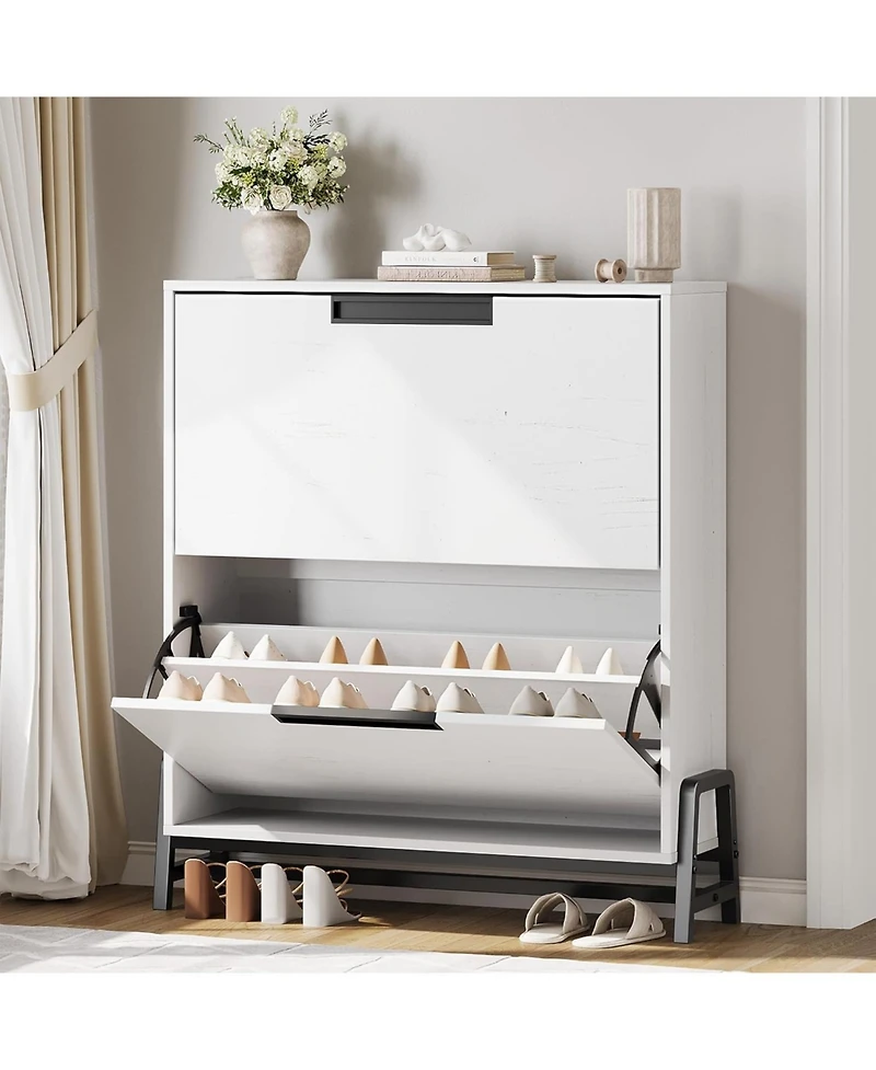 Shoe storage cabinet with 2 flip drawers, metal legs, and adjustable shelf. Slim, freestanding design ideal for entryways and hallways,White