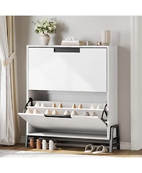 Shoe storage cabinet with 2 flip drawers, metal legs, and adjustable shelf. Slim, freestanding design ideal for entryways and hallways,White