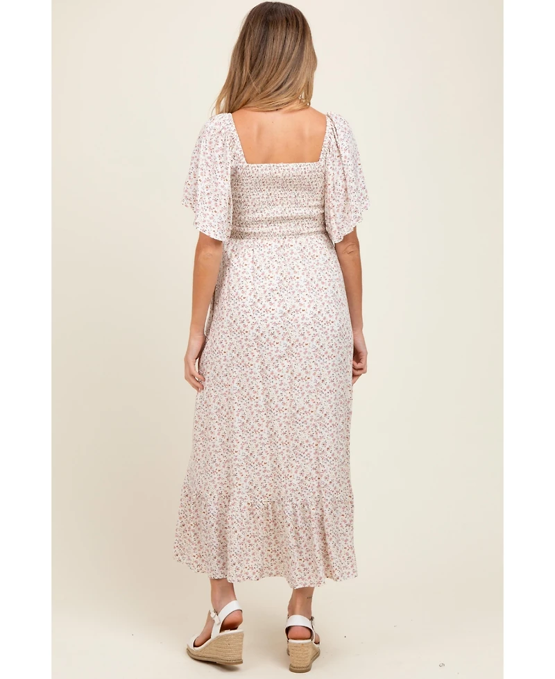 Pinkblush Cream Multi Ditsy Floral Smocked Maternity Midi Dress