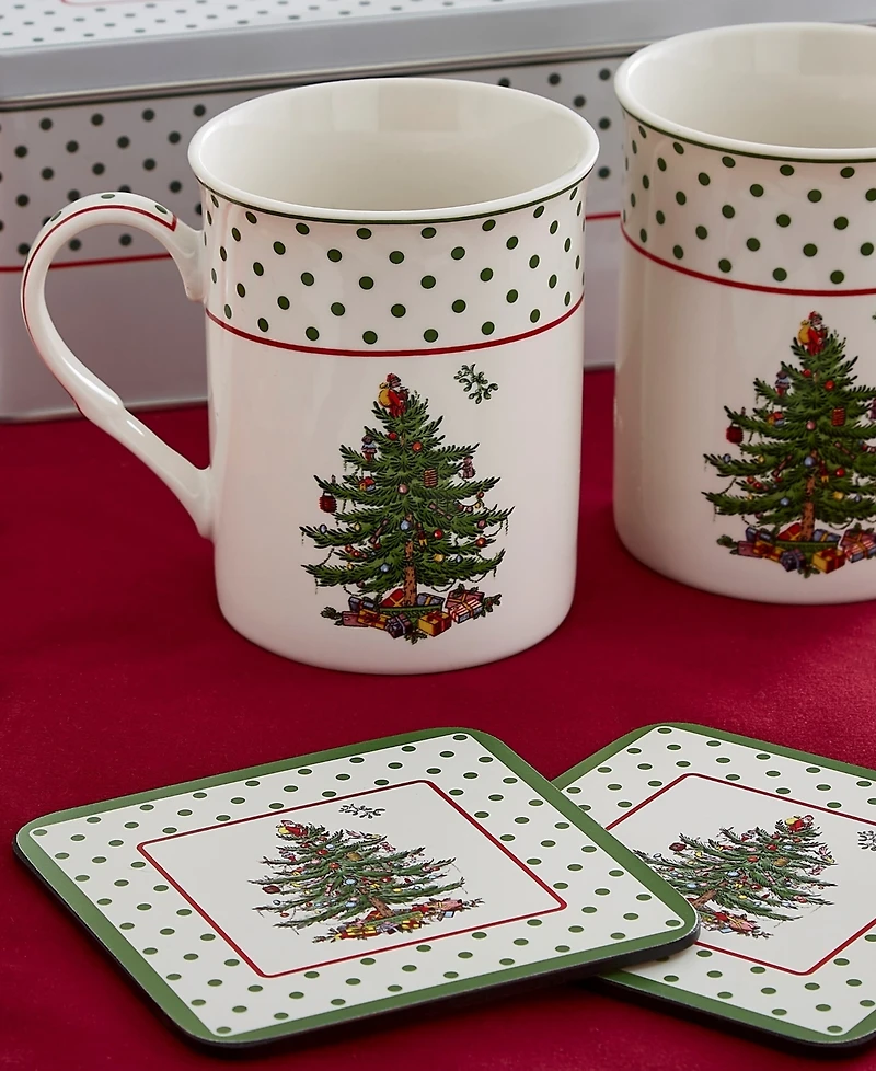 Spode Christmas Tree Polka Dot 5-Pc. Mug and Tin Coaster Set