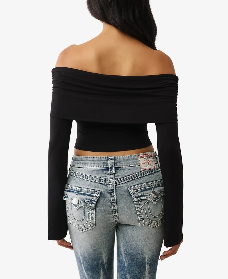 True Religion Women's Crystal Asymmetric Off The Shoulder Top