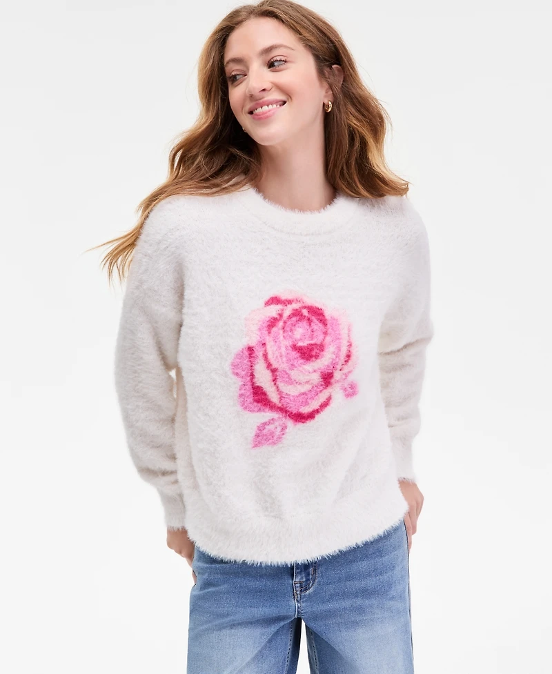 Hooked Up by Iot Juniors' Rose-Print Eyelash-Texture Sweater
