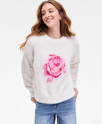 Hooked Up by Iot Juniors' Rose-Print Eyelash-Texture Sweater