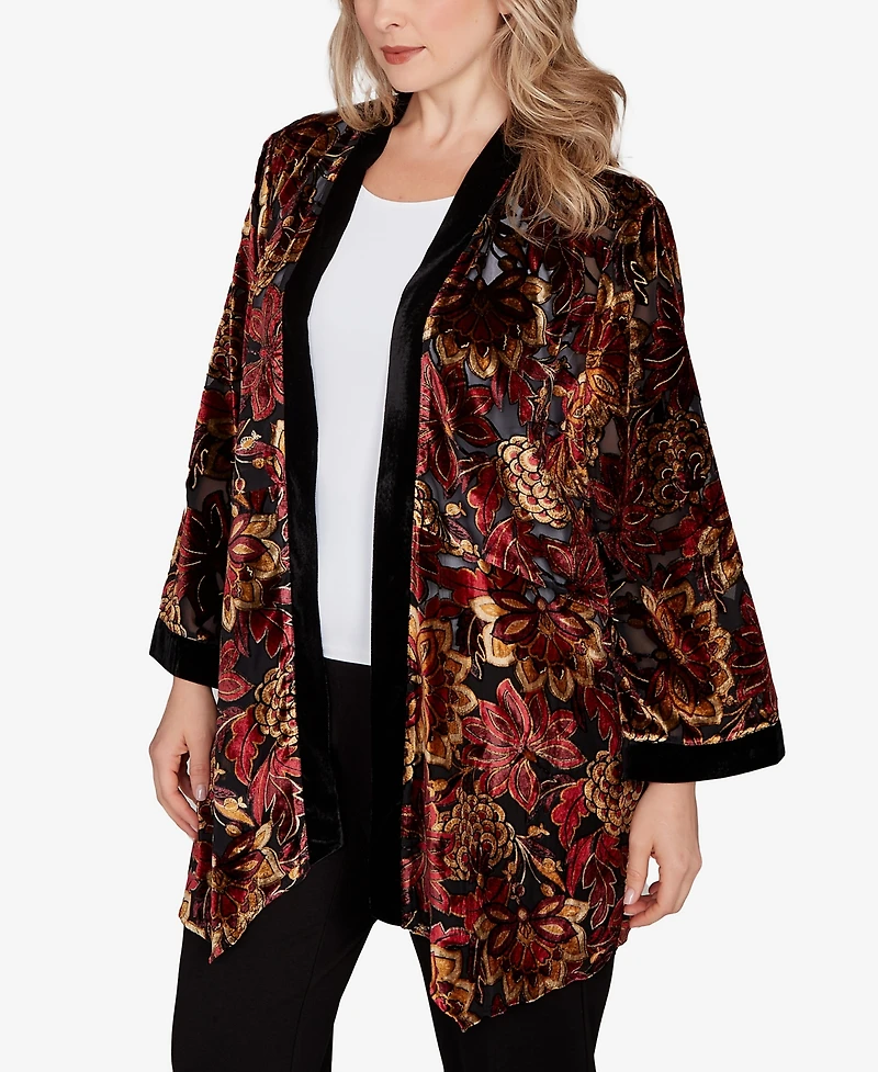 Ruby Rd. Plus Printed Velvet Burnout Open Cardigan Jacket