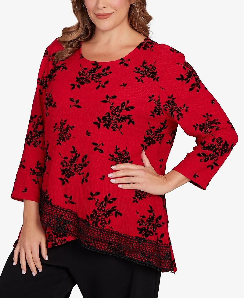 Ruby Rd. Plus Floral Flocked Texture Lace Trim Top