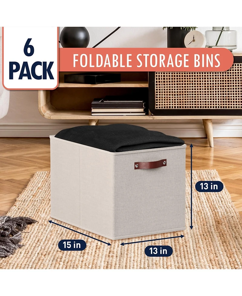 Ornavo Home 6 Pack Linen Fabric Kallax Storage Cube Bin with Faux Leather Handles