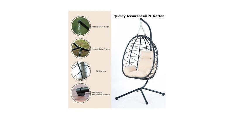37 Inch Wicker Egg Chair with Stand and Removable Cushion for Indoor and Outdoor Use