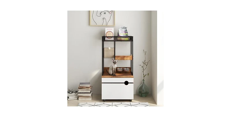 Multi-Functional Cat Litter Box Enclosure with Cat Tree Tower and Storage