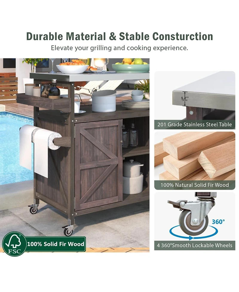 Maison Boucle Outdoor Kitchen Island Cart with Storage, Solid Wood Bbq Grill Station Stainless Steel Top, Spice Rack & Towel Bar-Maison