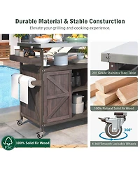 Maison Boucle Outdoor Kitchen Island Cart with Storage, Solid Wood Bbq Grill Station Stainless Steel Top, Spice Rack & Towel Bar-Maison