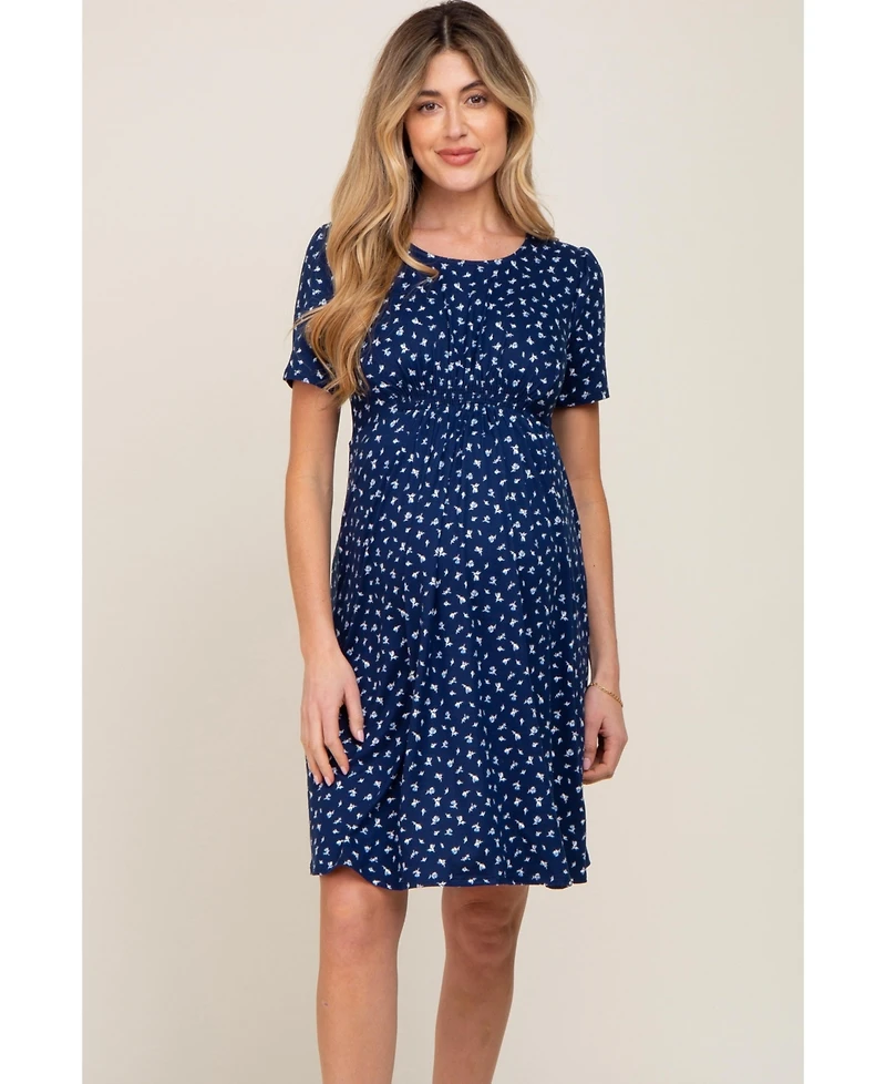 Pinkblush Maternity Navy Floral Smocked Short Sleeve Dress