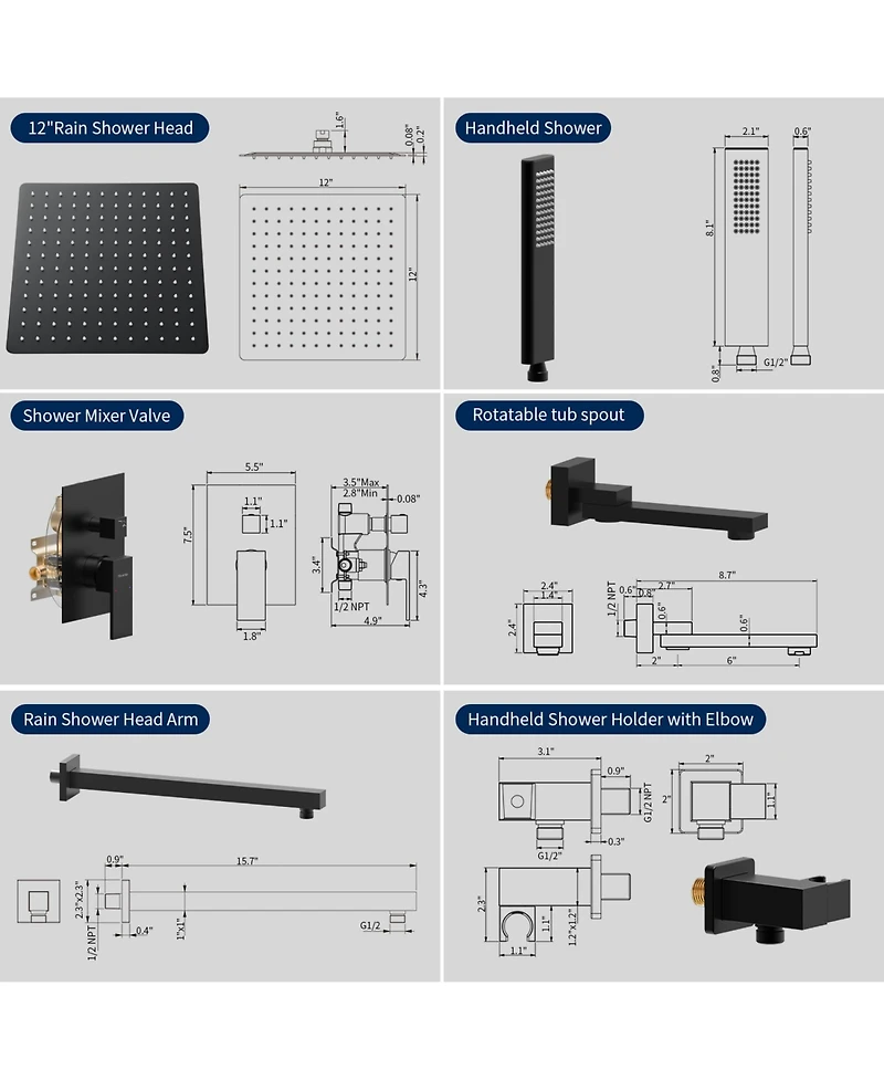 Rainsken Matte Black Shower System, 12 Inch Shower Fixtures Rain Shower Head with Handheld Shower Spray, Wall Mount Shower Faucet Set for Bathroom