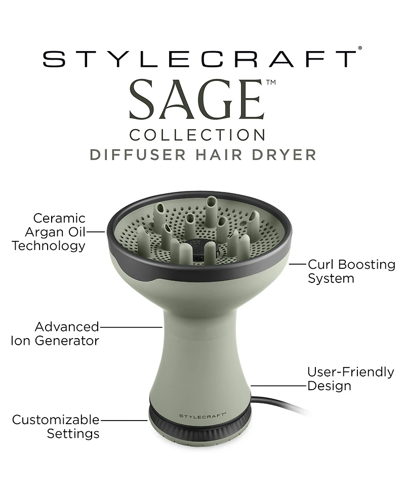 StyleCraft Professional Sage 2-In-1 Diffuser Hair Dryer