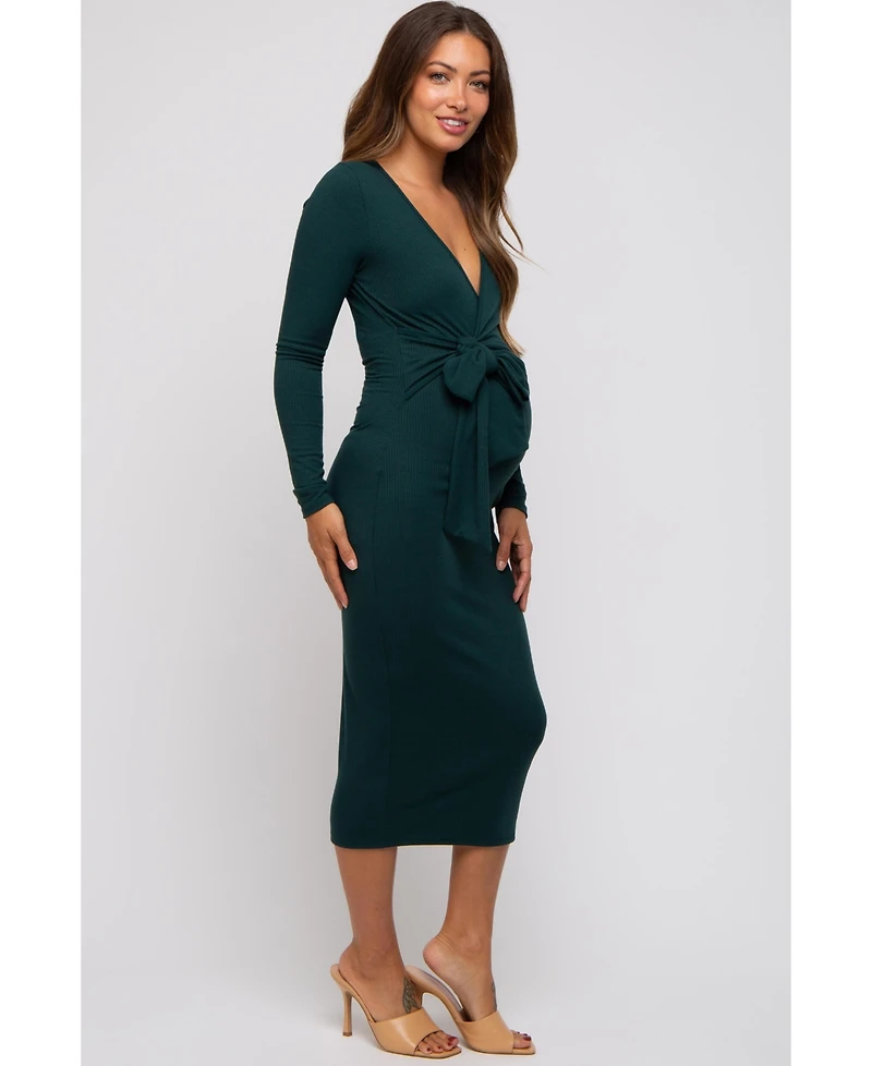 Pinkblush Forest Green Ribbed Long Sleeve Maternity Wrap Dress