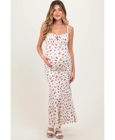 Pinkblush Red Ribbed Floral Shoulder Tie Maternity Maxi Dress