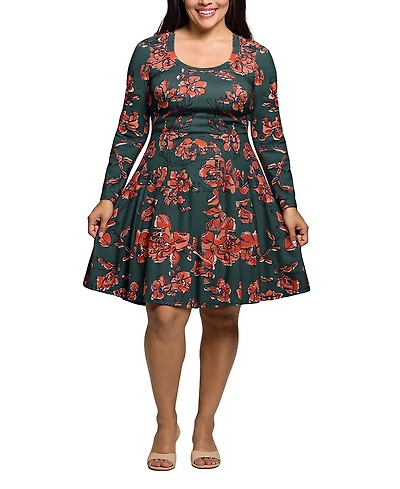24seven Comfort Apparel Plus Long Sleeve Fit and Flare Dress