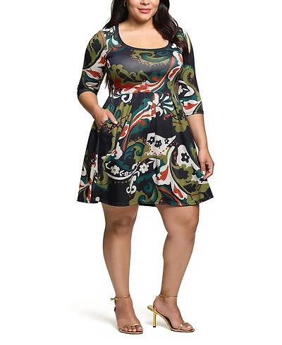 24seven Comfort Apparel Plus Three Quarter Sleeve Fit and Flare Dress