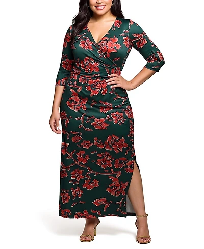 24seven Comfort Apparel Plus Floral Print Three Side Slit Maxi Dress
