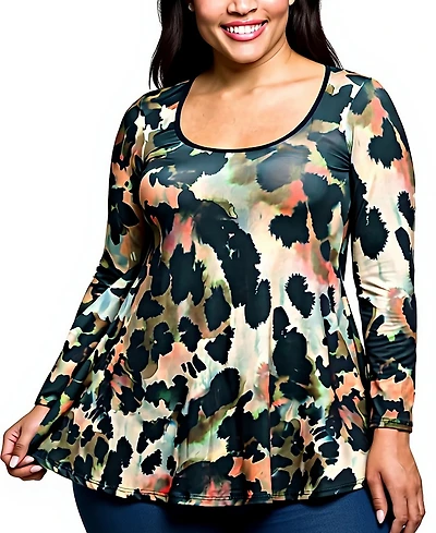 24seven Comfort Apparel Plus Multiprint Long Sleeve Scoop Neck A Line Top
