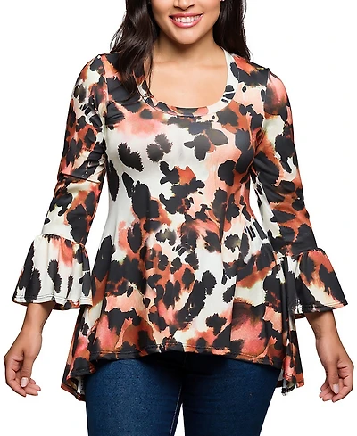 24seven Comfort Apparel Plus Scoop Neck Bell Sleeve Tunic Top
