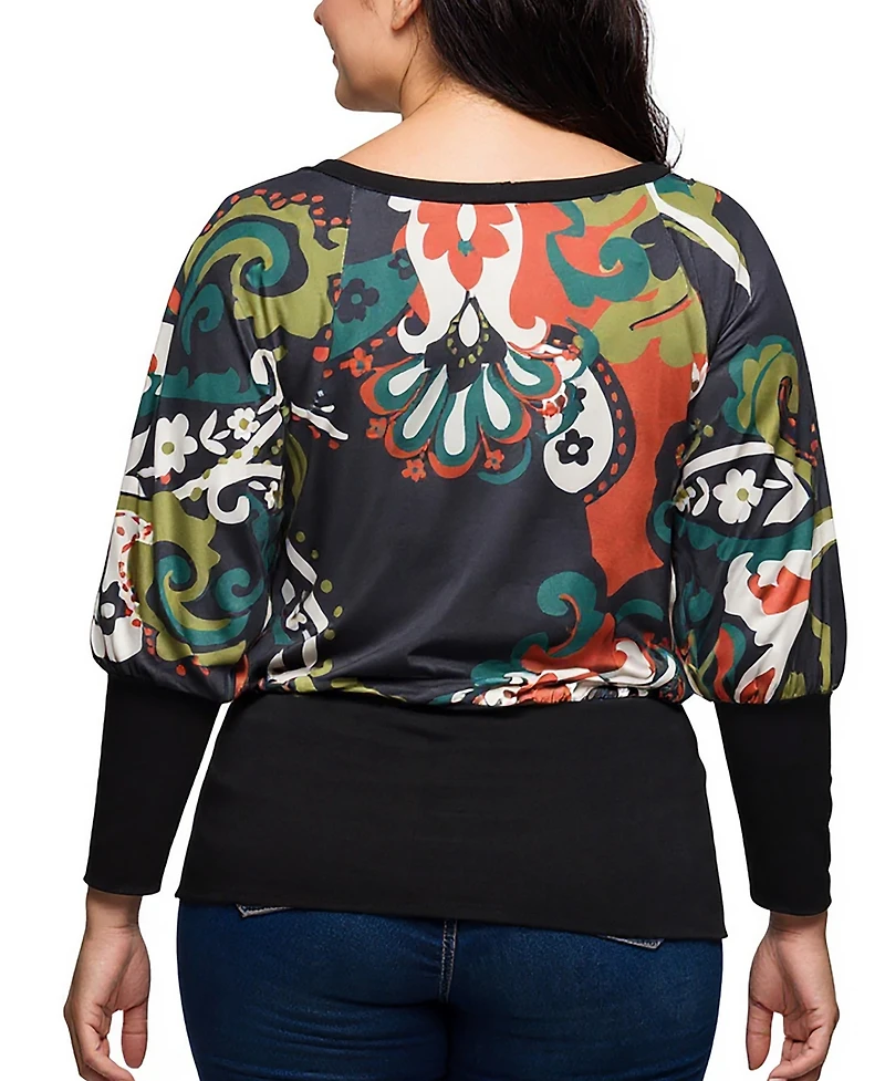 24seven Comfort Apparel Plus Paisley Multicolor Print Dolman Sleeve Banded Top