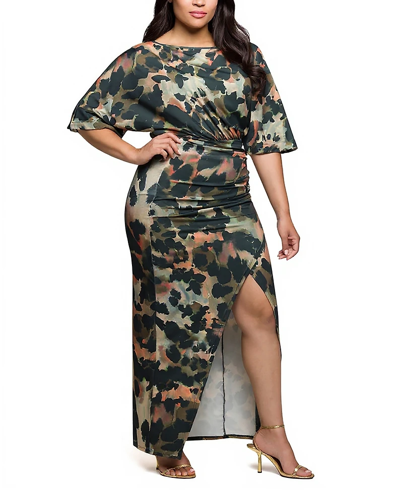 24seven Comfort Apparel Plus Green Abstract Print Batwing Sleeve Maxi Dress