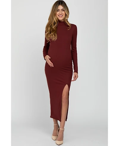 Pinkblush Maternity Burgundy Ribbed Mock Neck Side Slit Maxi Dress