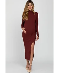 Pinkblush Maternity Burgundy Ribbed Mock Neck Side Slit Maxi Dress