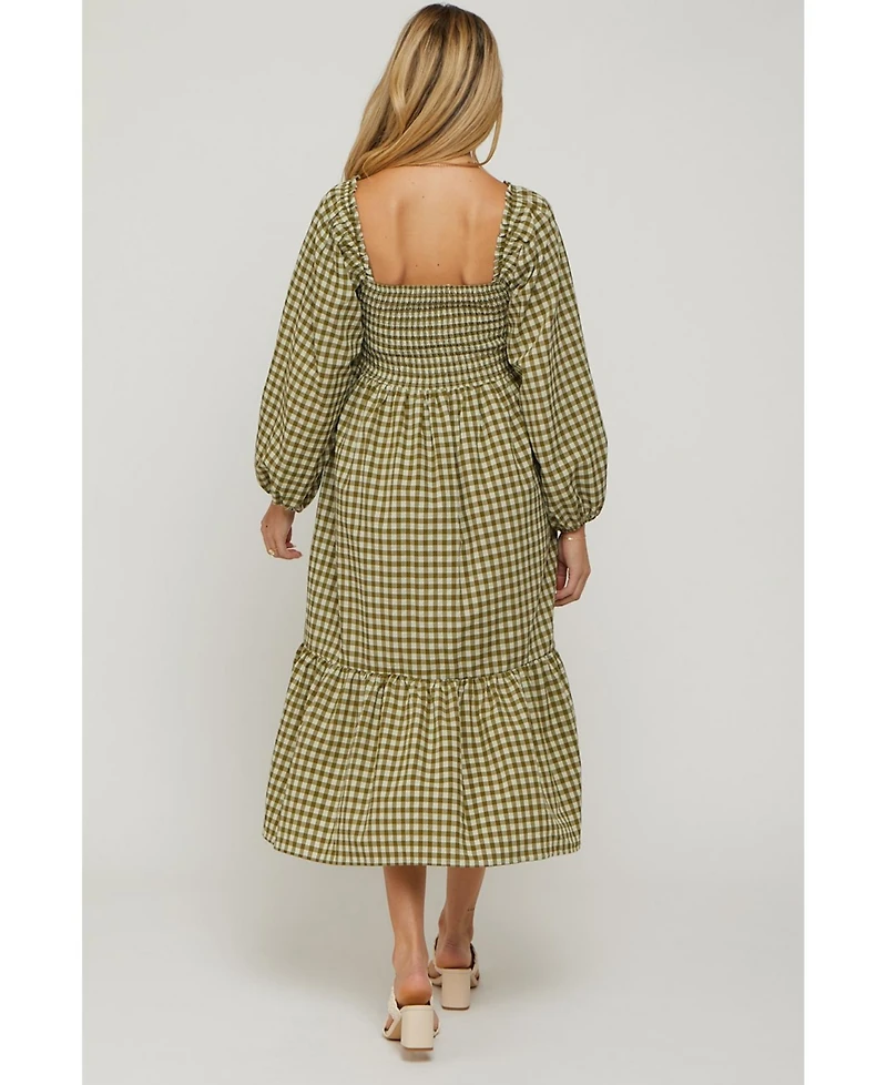 Pinkblush Maternity Olive Gingham Long Sleeve Midi Dress