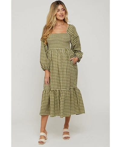 Pinkblush Maternity Olive Gingham Long Sleeve Midi Dress